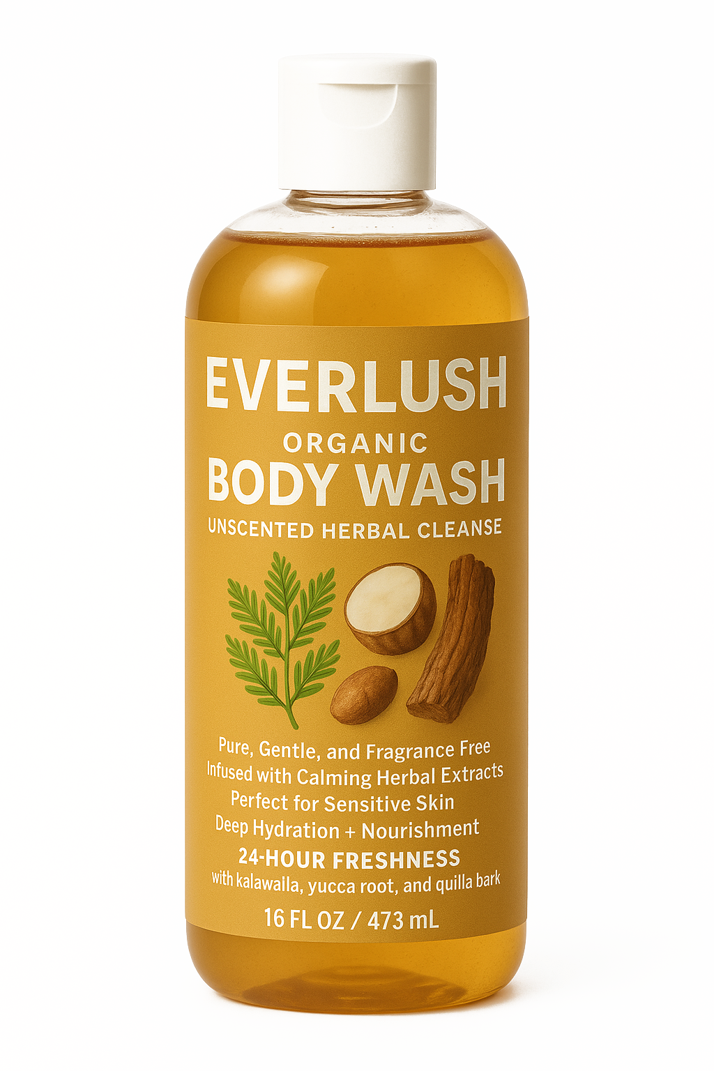 Product image of EverLush Unscented Natural Herbal Body Wash – 16 oz gentle cleanser with Kalawalla for sensitive skin, detox support, and hydration—free of fragrance and harsh chemicals.