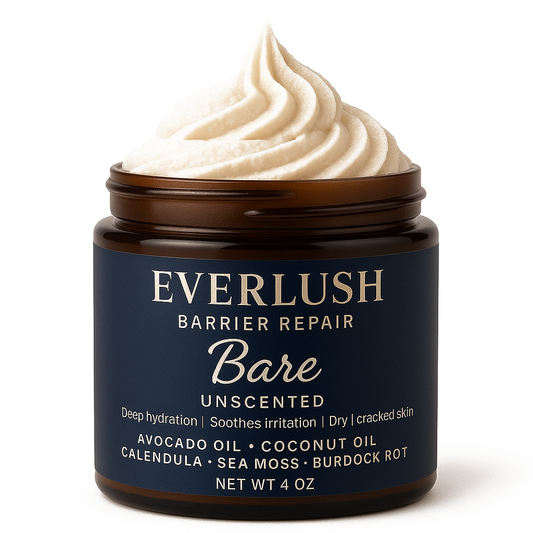 Everlush Bare-Unscented Barrier Repair Whipped Body Butter jar featuring natural healing ingredients like Calendula, Sea Moss, Burdock Root, Bladderwrack, Arnica, White Willow, and Valerian Root, providing deep hydration and skin restoration for nighttime use.