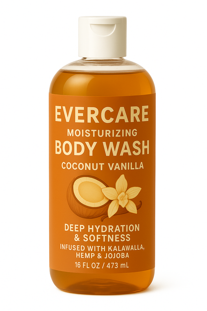 Coconut-scented body wash bottle surrounded by coconut pieces, offering deep hydration and a tropical scent.
