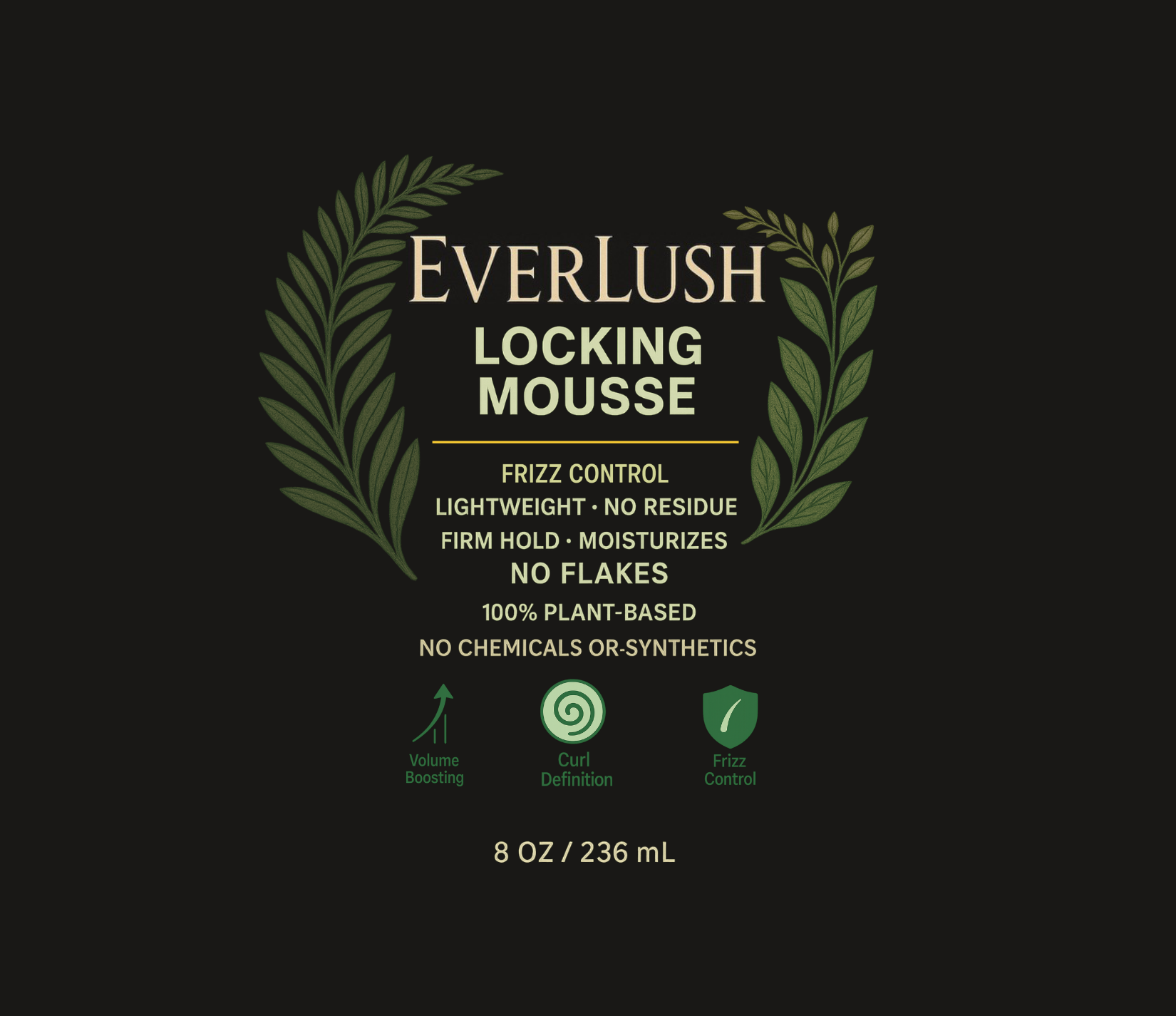 Label image of Everlush Herbal Locking Mousse – Styling mousse for a strong, natural hold, soft shine, and frizz control, perfect for all-day style and volume.