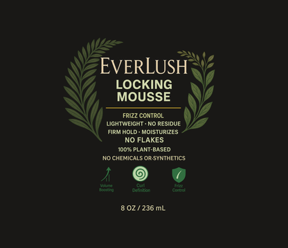 Label image of Everlush Herbal Locking Mousse – Styling mousse for a strong, natural hold, soft shine, and frizz control, perfect for all-day style and volume.