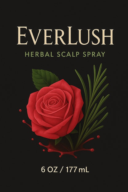 Label image of Everlush Herbal Scalp Refresh Spray – 8 oz, formulated to relieve itchy scalp and dandruff with natural ingredients like Kalawalla, Arnica, White Willow, and Tea Tree.