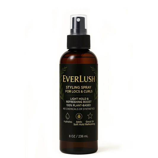 Product image of Everlush Herbal Styling Spray – 8 oz spray offering lightweight hold, frizz control, and natural shine, infused with herbal ingredients for a smooth, polished finish.
