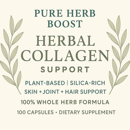 Label image of Herbal Collagen – 100 vegan capsules designed to boost natural collagen production and support skin health, hair strength, and joint flexibility with botanical ingredients.