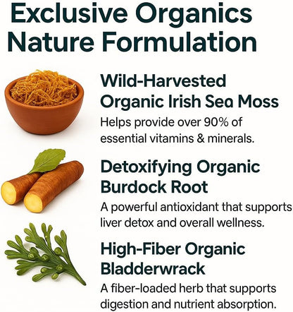 Organic Irish Sea Moss Symphony (60 Vegan Capsules)– 1200 mg Irish Sea Moss with Bladderwrack & Burdock Root