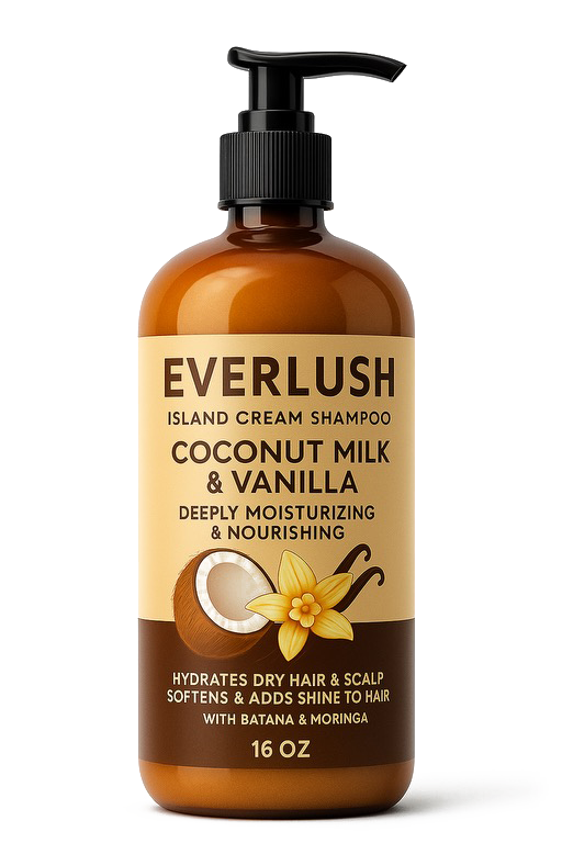 Island Luxe Cream Hydrating Shampoo in a sleek amber bottle with creamy tropical formula, enriched with coconut, monoi, and aloe for silky, nourished hair.