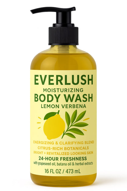 Everlush moisturizing body wash bottle with lemon verbena scent on a white background