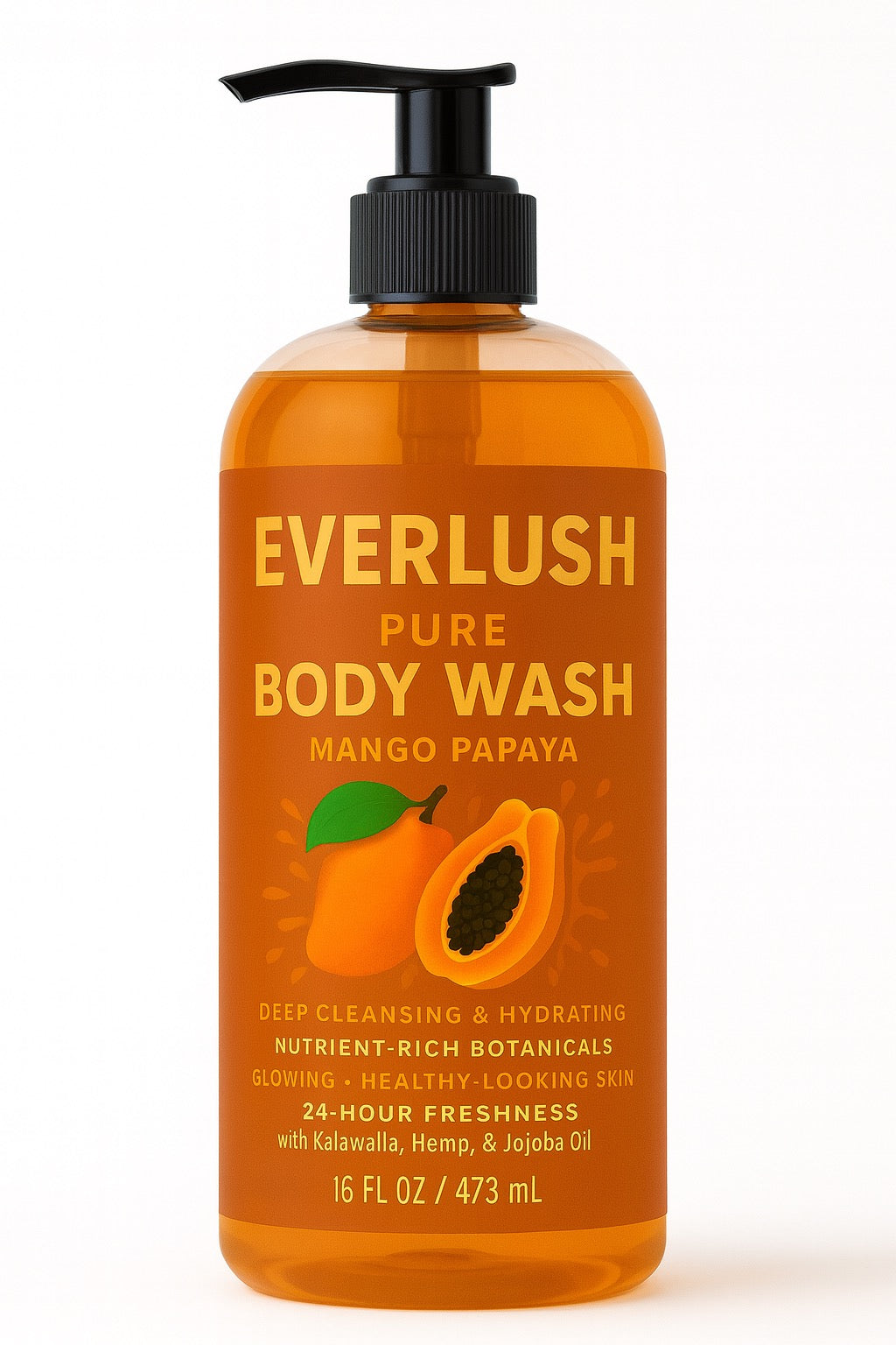 Everlush Pure Mango Papaya body wash bottle on a white background