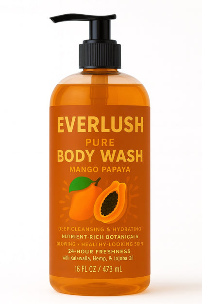 Everlush Pure Mango Papaya body wash bottle on a white background