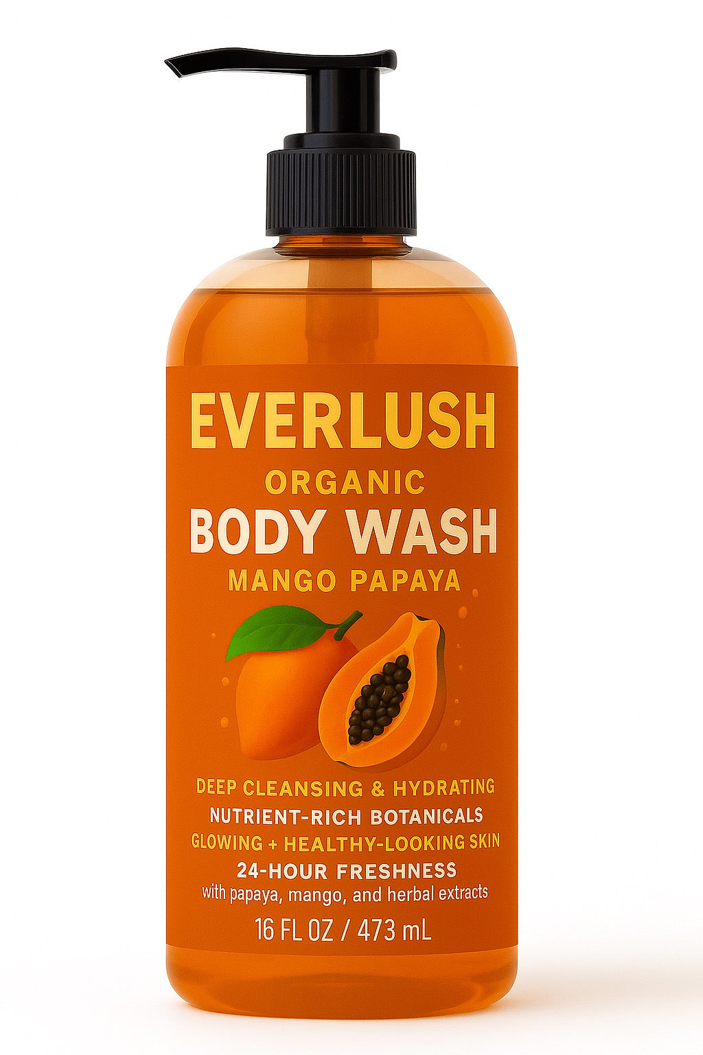 Everlush Organic Body Wash Mango Papaya bottle on a white background