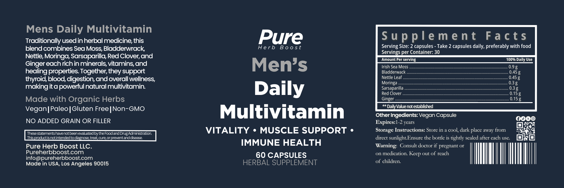 Label image of Men’s Daily Multivitamin Herbal Blend – 60 capsules formulated to support vitality, muscle health, and immune function with natural, high-quality herbs.