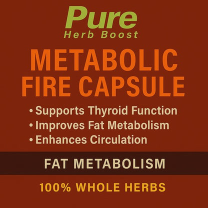 Label image of Metabolic Fire Pure Herb Boost Capsules – Detox Phase 2, designed to support metabolism, enhance fat burning, and promote detoxification for optimal health.