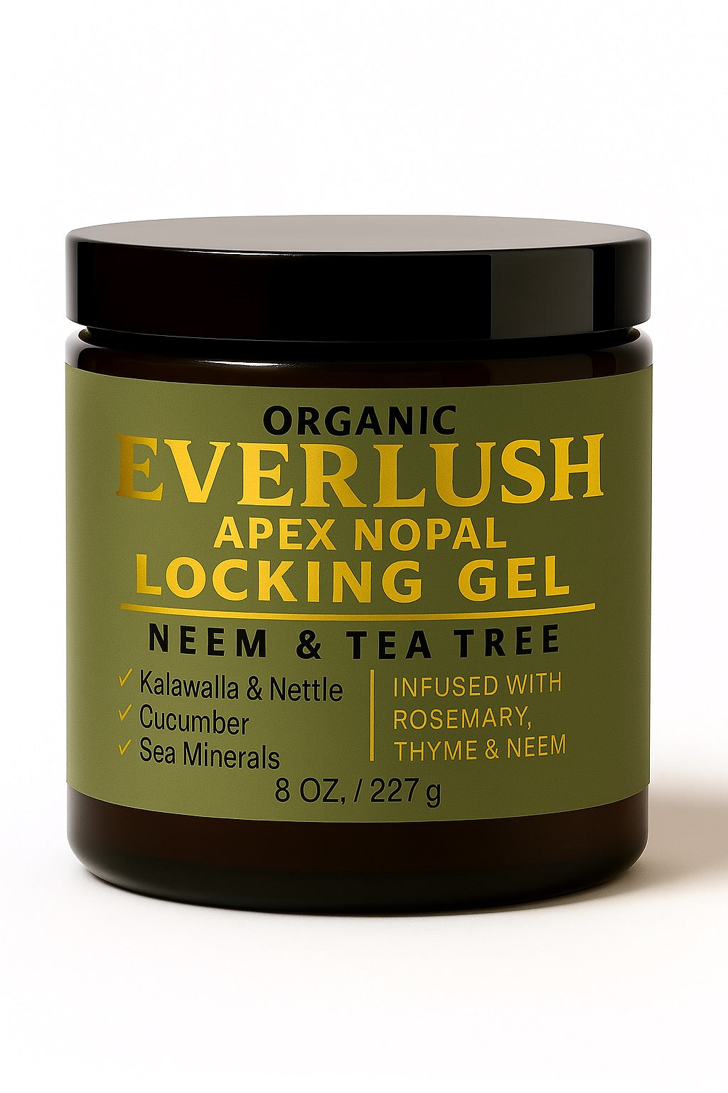 Everlush Apex Nopal locking gel Neem + Tea Teaa 8 oz jar on a white background