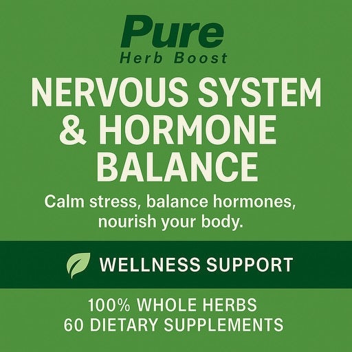 Label image of Nervous System & Hormone Balance Pure Herb Boost Capsules – Detox Phase 3, designed to support stress relief, hormonal balance, and nervous system health for overall wellness.