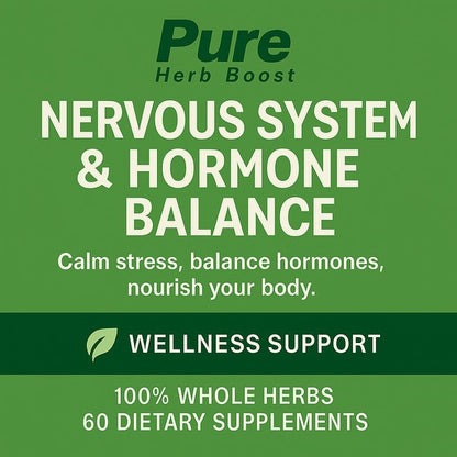 Label image of Nervous System & Hormone Balance Pure Herb Boost Capsules – Detox Phase 3, designed to support stress relief, hormonal balance, and nervous system health for overall wellness.