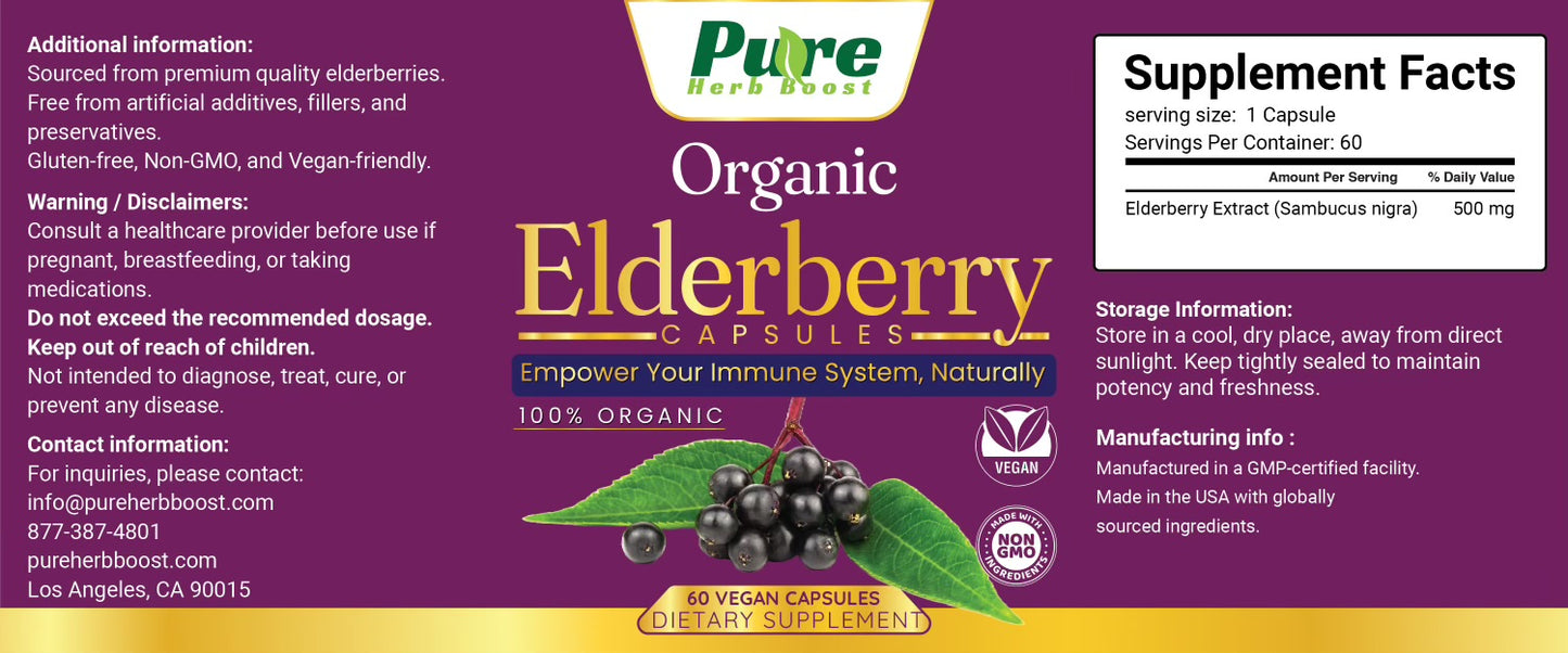 Label image of Organic Elderberry Capsules – 60 vegan capsules made with elderberry extract to promote immune wellness and provide antioxidant suppor