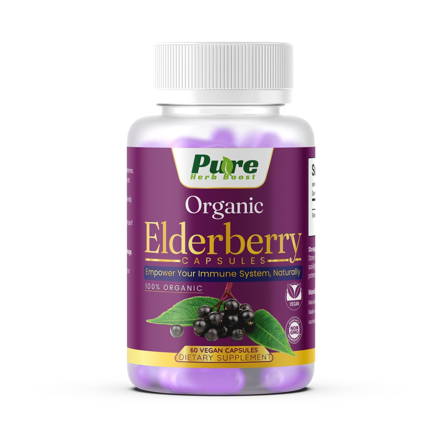 Product image of Organic Elderberry Capsules – 60 vegan capsules with natural elderberry extract to support immune health and provide antioxidant benefits & seasonal wellness.