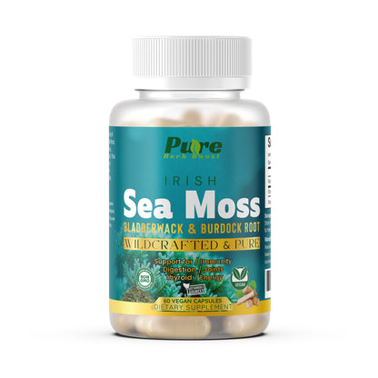Product image of Organic Irish Sea Moss Symphony Capsules – 60 capsules with 1200 mg Irish Sea Moss, Bladderwrack, and Burdock Root for overall wellness and vitality.