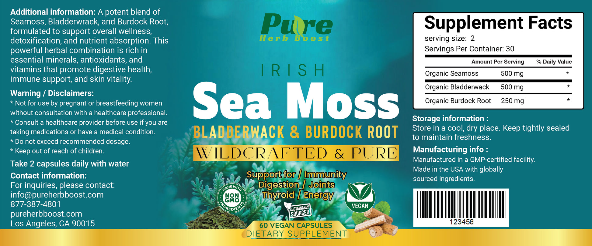 Label image of Organic Irish Sea Moss Symphony Capsules – 60 capsules with 1200 mg Irish Sea Moss, Bladderwrack, and Burdock Root to support overall health and vitality.