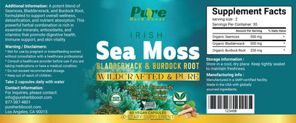 Label image of Organic Irish Sea Moss Symphony Capsules – 60 capsules with 1200 mg Irish Sea Moss, Bladderwrack, and Burdock Root to support overall health and vitality.