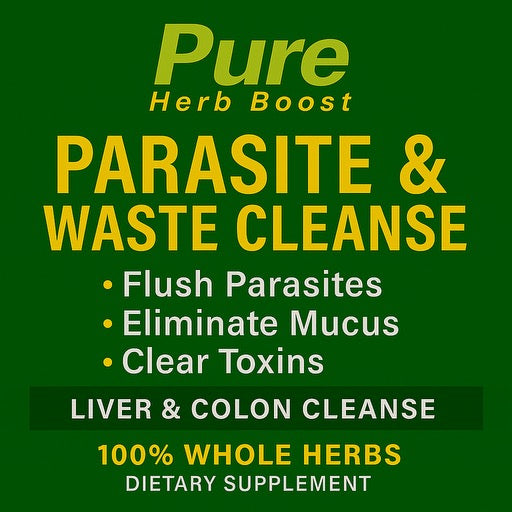 Label image of Pure Herb Boost Parasite & Waste Cleanse 60 Capsules – Detox Phase 1, designed for natural detoxification, gut health support, and effective waste elimination.