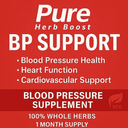 Label image of PurePressure BP Support – 60 capsules designed to help maintain healthy blood pressure, support heart health, and promote circulatory wellness naturally.