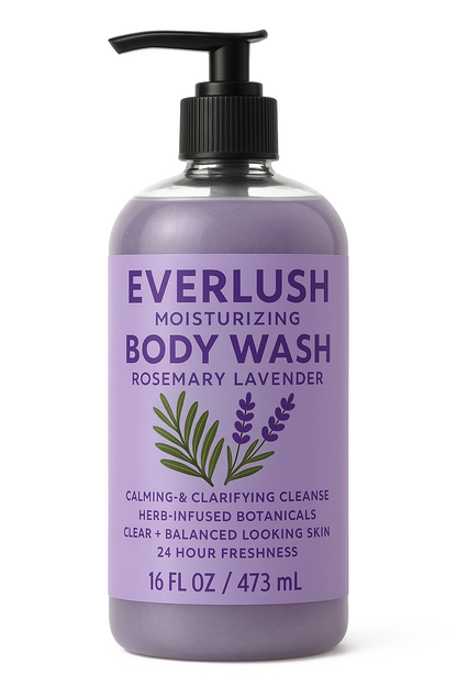 Product image of Rosemary Lavender EverLush Herbal Body Wash – 16 oz calming body cleanser infused with Kalawalla, rosemary, and lavender for moisturizing and soothing skin care.