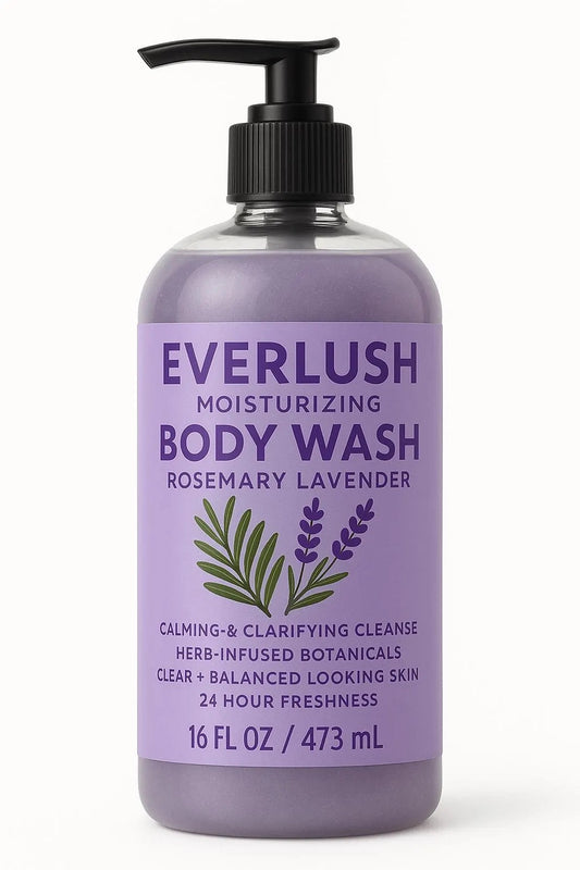Purple bottle of Everlush body wash with pump on a white background