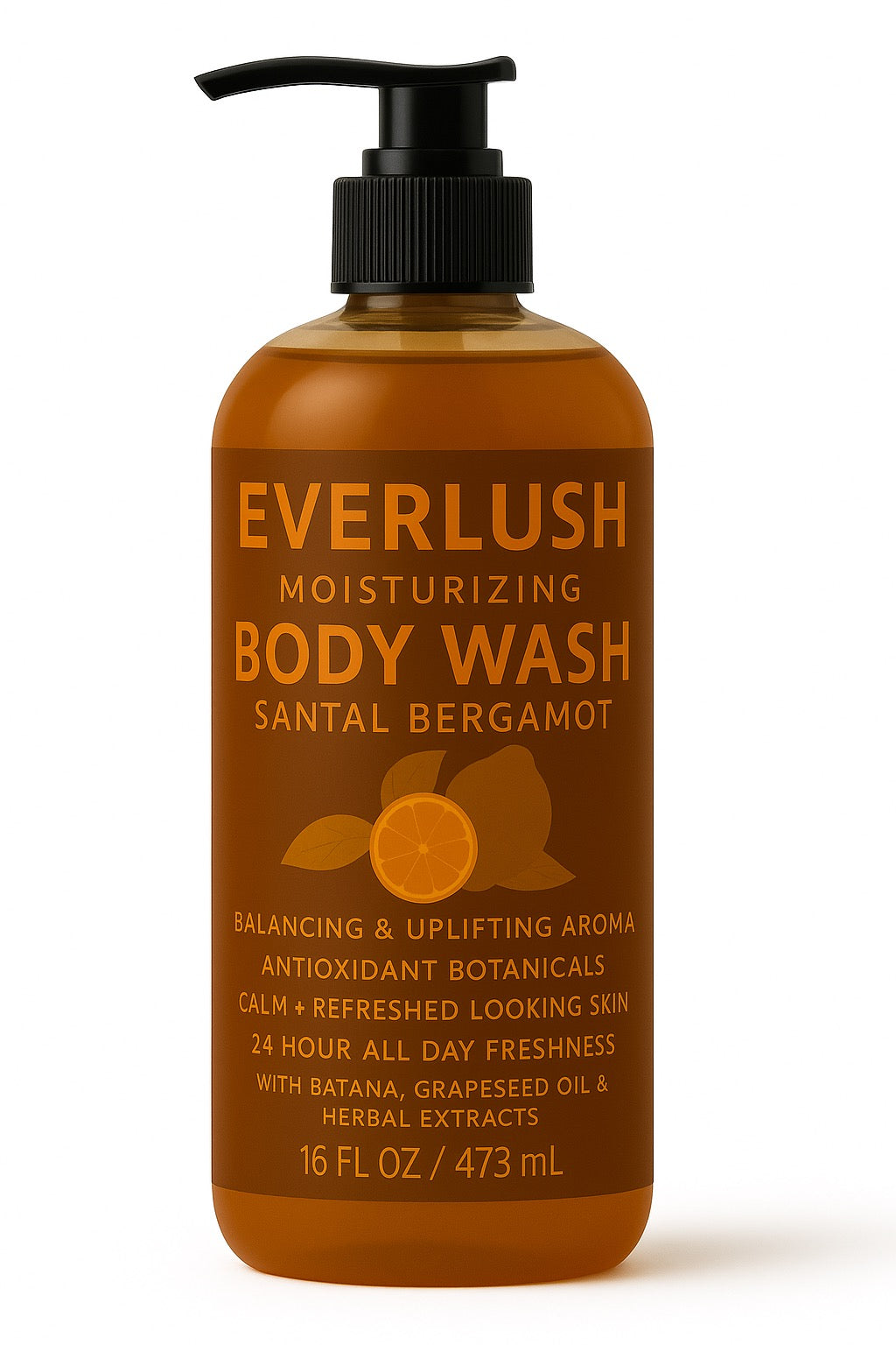 Everlush moisturizing body wash bottle with Santa Bergamot scent on a white background