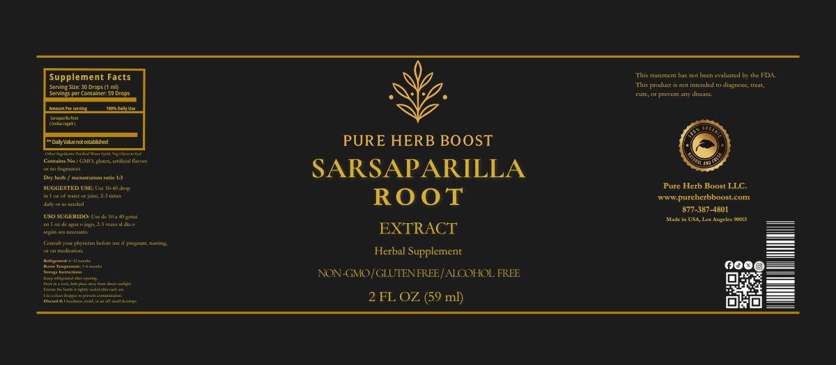 Label image of Sarsaparilla Extract – 60 capsules designed to aid detoxification, support joint health, and promote hormonal balance naturally with sarsaparilla.