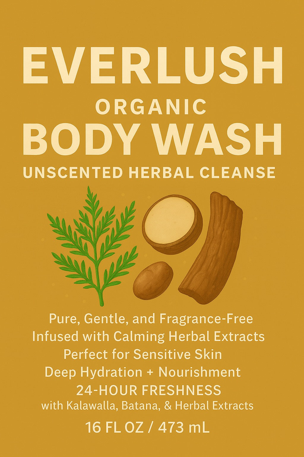 Label image of EverLush Unscented Herbal Body Wash – 16 oz fragrance-free, natural cleanser with Kalawalla for soothing, hydrating, and detoxifying sensitive skin.
