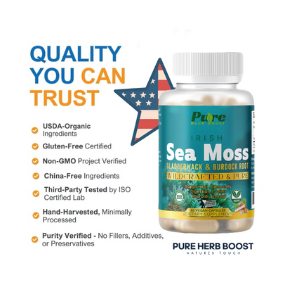 Organic Irish Sea Moss Symphony (60 Vegan Capsules)– 1200 mg Irish Sea Moss with Bladderwrack & Burdock Root