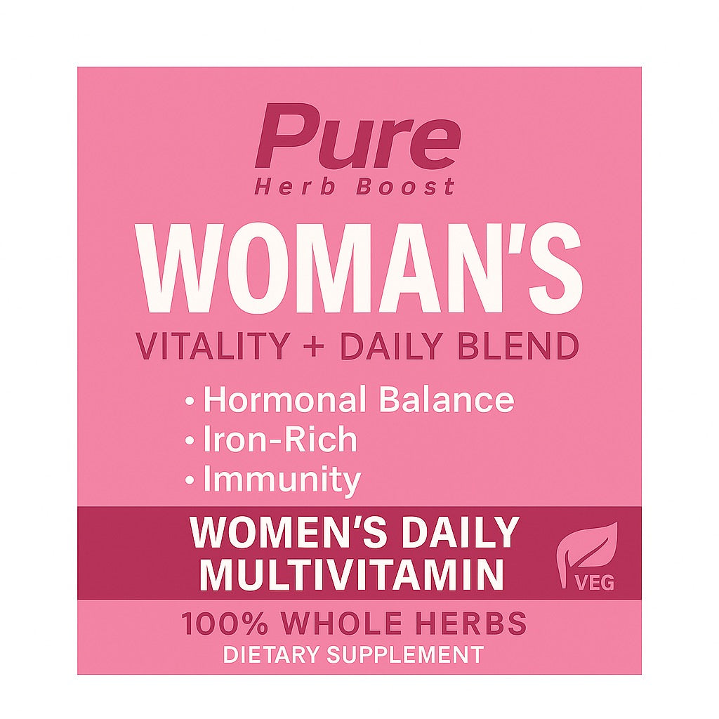 Label image of Women's Daily Multivitamin Herbal Blend – 60 capsules formulated to support hormonal balance, boost iron levels, and enhance immune health with a blend of herbs.