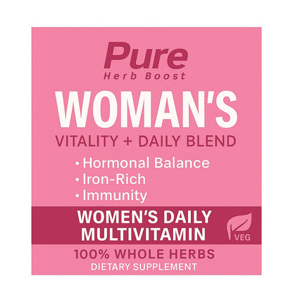 Label image of Women's Daily Multivitamin Herbal Blend – 60 capsules formulated to support hormonal balance, boost iron levels, and enhance immune health with a blend of herbs.