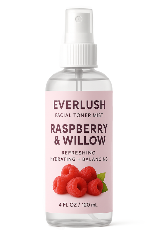 Everlush Herbal Facial Toner with Red Raspberry in 4 oz glass bottle – gentle, hydrating, antioxidant-rich toner for sensitive and acne-prone skin