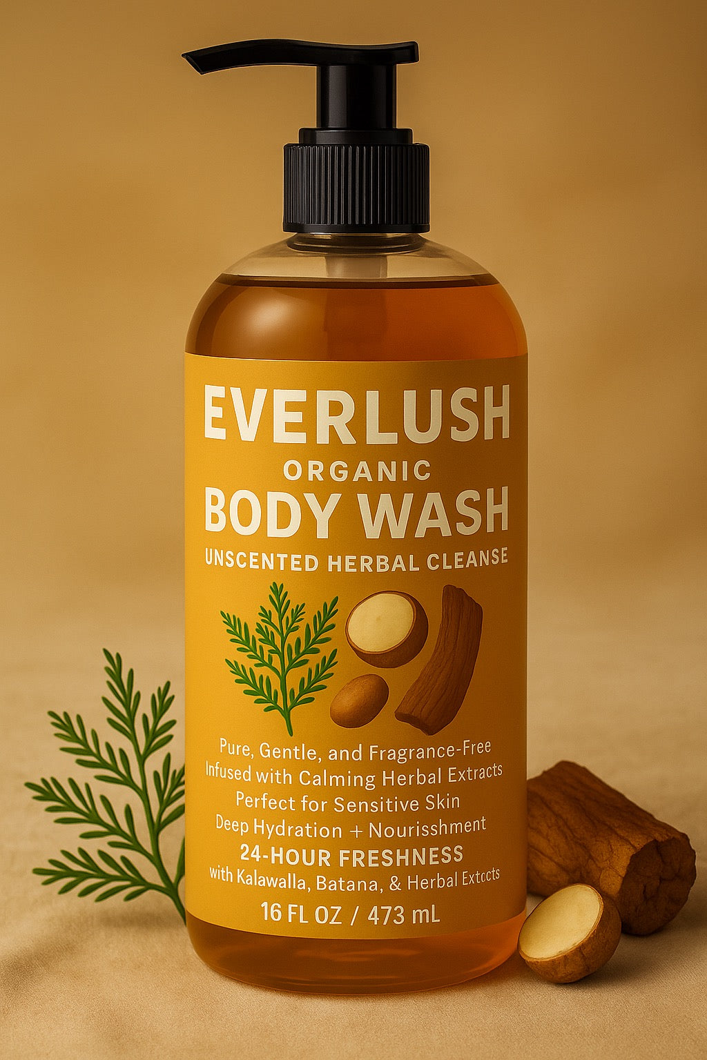 Everlush Unscented organic body wash bottle on a beige background
