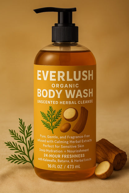 Everlush Unscented organic body wash bottle on a beige background