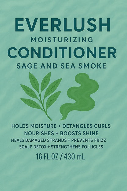 Back label of Everlush Sage Conditioner with botanical ingredients and a fresh herbal coastal scent